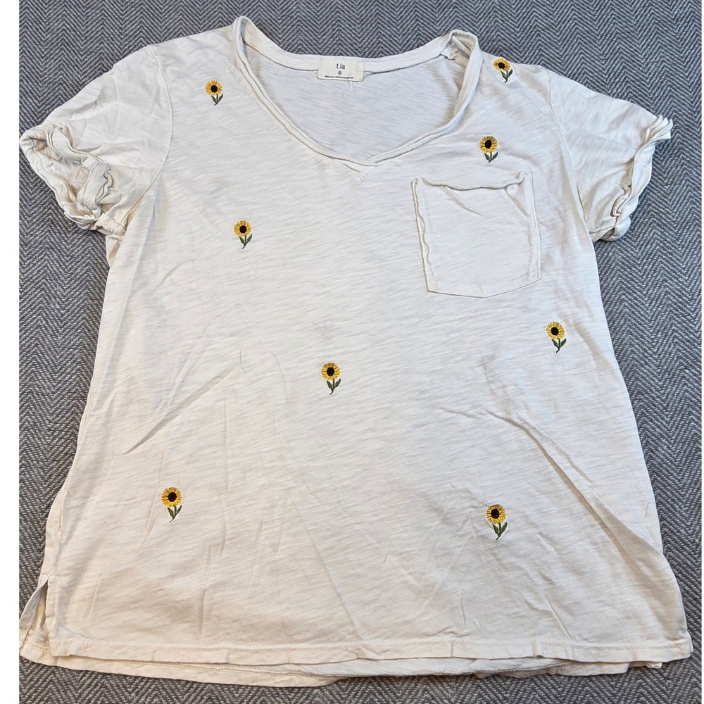 Anthropologie t.la Sunflower Embroidered V-Neck Pocket Tee White Small